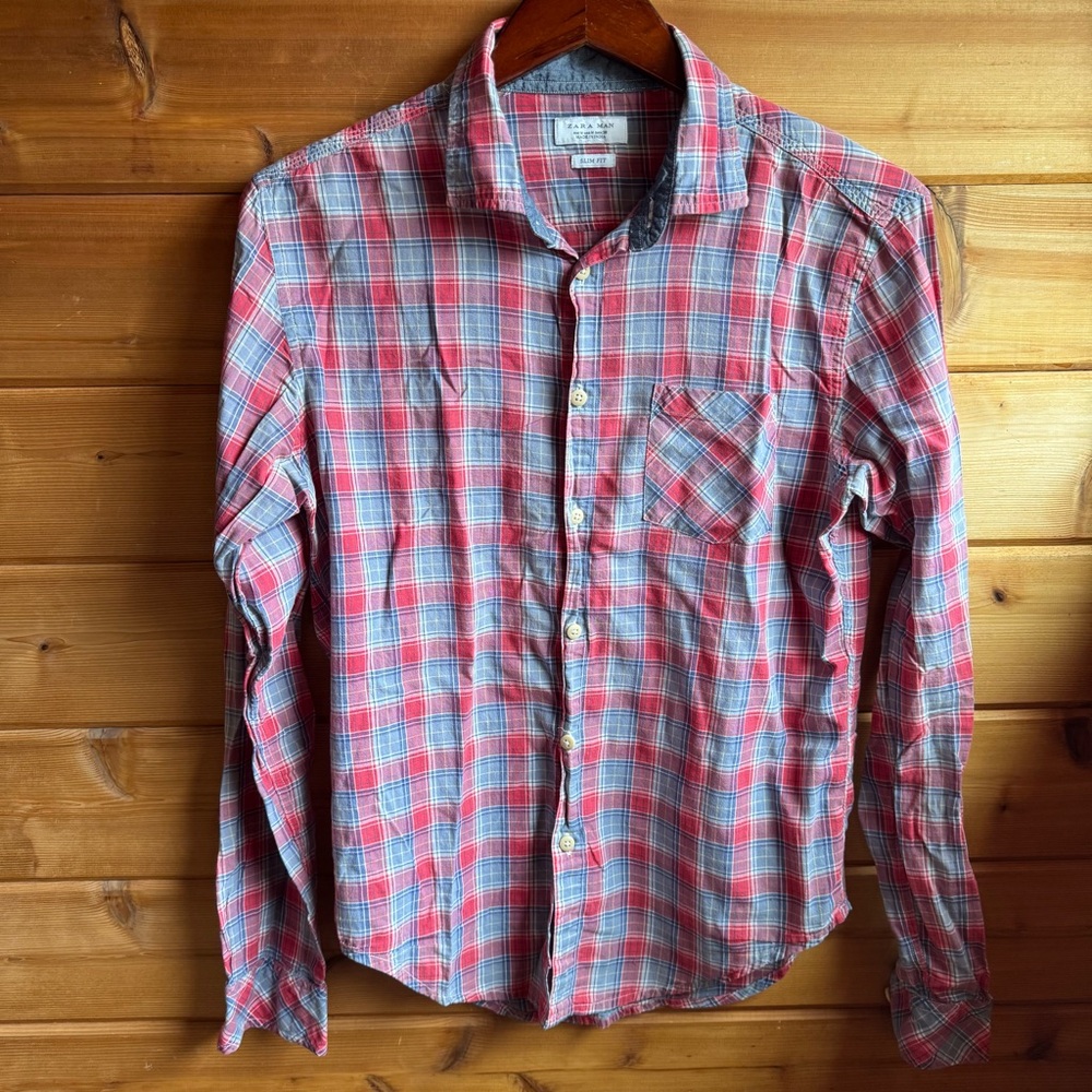 Zara Man Red Plaid Lightweight Slim Fit Button Down Shirt | size medium